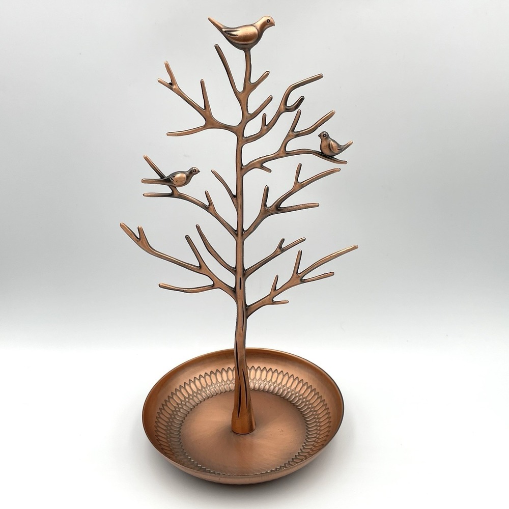 Copper Tone Bird Tree Jewelry Holder Organizer Tray Stand 12"